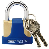 DRAPER 42mm Solid Brass Padlock and 2 Keys with Hardened Steel Shackle and Bumper