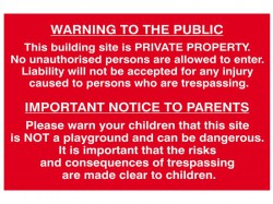 Scan Building Site Warning To Public And Parents - PVC 600 x 400mm