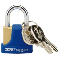 DRAPER 32mm Solid Brass Padlock and 2 Keys with Hardened Steel Shackle and Bumper